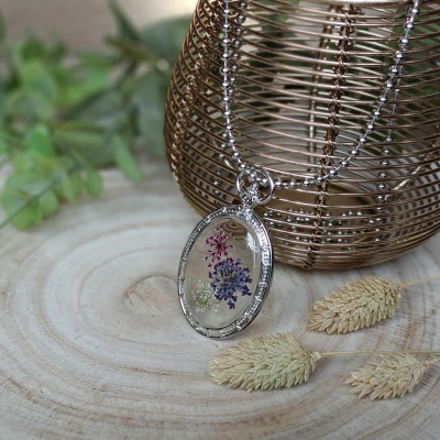 Ketting medaillon zilver, paars roze bloemen